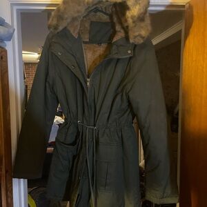 Women's Green Parka Coat with Faux Fur Hood
